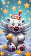 Placeholder: polar bear clown angel, Pixar-inspired, expertly crafted in a whimsical and vibrant cartoon style. is masterfully rendered in a lifelike 3D design, which captivates viewers with there irresistible charm. The background is filled with warm, inviting colored stars and a 3D rend