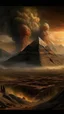 Placeholder: A several volcanos exploding over a the Permit of Egypt in high definition cinematic theme with stormy fiery sky