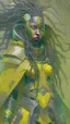 Placeholder: A woman has tanned skin, yellow eyes and black dreads. Her face show her superiority in the eyes of others. She is dressed in an armor with a few pieces of yellow and green cloak sticking out.