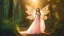 Placeholder: A gorgeous smiling Asian model in a fairy outfit with great glittering wings in a magic forest with 1000 y/o trees, a small torrent, sun rays through the branches, particles in the air at dawn