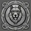 Placeholder: perro cerbero estilizado antiguo con un marco elegante con runas y el nombre "cerberus custos infernis" en la base, todo en escala de grises, nada de color,