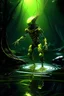 Placeholder: The Infamous Rogue dynamic pose, shimmering light, intricate details, light art, placed in a science fiction swamp on an extraterrestrial world, colors deep and rich,