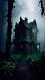 Placeholder: Scene of scary haunted house, thick fog, atmosphere of darkness, overgrown forest, horror, depressing atmosphere