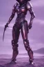 Placeholder: Strong girl in futuristic metal armor, two swords, glowing purple armor, fighting pose, cyborg