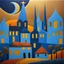 Placeholder: Village with moon, solchi e rilievi, blue, golden, pointillism decal bas-relief materic, René Magritte