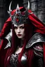 Placeholder: Creepy photograph Silver and red fantasy Beautiful Queen Vampire armour, with a red cape, with black and red spikes coming out the back and arms, glowing red eyes, long red hair pony tail coming out,at castle