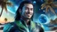 Placeholder: beautiful gorgeous young man na'vi with long hair, Avatar, blue skin, two small ears, green eyes, black hair, in cosmic suit, galactic ambiance, medium pointy goatee , smiling, with spaceship and planets and palm trees and clear crystaline cosmic beach in background