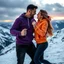 Placeholder: Hyper Realistic Close Shot Of Romantic Couple (Handsome Muscular Man Wearing Purple Hoodie Smiling And Black Jeans With Woman Wearing Orange Hoodie And Navy-Blue Jeans Smiling And Both Looking At Each Other Romantically And Getting A Bit Close) And Both Wearing Sneakers Dancing On A Icy Mountain With Cold Breeze And Snowy Mountains At Cloudy Sunset Showing Dramatic & Cinematic Ambiance.