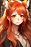 Placeholder: A woman with long red hair, gold eyes, large fox ears, slight smile, pale skin, anime