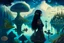 Placeholder: A skinny woman with a Cleopatra hairstyle, short skirt, and knee-high boots, looking out over a lake, in an alien forest, with tall cloud trees, flying mushrooms with octopus tentacles