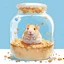 Placeholder: cute fat satisfied baby Hamster lying on back, very big blue eyes, in a glass cookie jar with crumbs, artistic, nostalgic, by Pascal Campion and Norman Rockwell, dramatic, splash art, dynamic