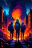 Placeholder: Vibrant Vector Art, group of Guys in hoodie, keyboard in backpack, nigh time city street on fire, raining, nebula, houses burning, planets in sky, missiles incoming , people in background