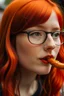 Placeholder: girl with ginger hair in a fringe with glasses and a septum piercing eating a sausage