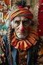 Placeholder: Geriatric Indian vintage old man and fantasy orange red blue vintage recycled scrap clothes and very small clown clip on nose tip and scrap recycled fabric background