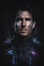 Placeholder: Tom Cruise facial portrait - pitch-black background with a blue glowing overhead spotlight effect, multicolored shards of ice, splashing water, prism effect, mosaic effect, time travel, space voyages, superheroes, moving really fast