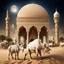 Placeholder: Hyper Realistic Photographic-Center-View of Goat, Cow & Camel outside Detailed-Crafted-Islamic-Architecture-Mosque-Arche with stars & a-half-moon with grass-patches-whirling-on-sand-land showing dramatic & cinematic ambiance.