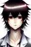 Placeholder: anime boy with short brown hair with split bangs, black outfit, cute