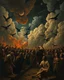 Placeholder: Bosch painting style, nightmare , people suffering in hell , dramatic, great quality picture with cinematic scenes , show only heavy clouds in the background, like stars in the sky , and black birds fill the backgrounds