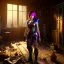 Placeholder: dark and gloomy full body 8k unity render, female teen cyborg, Blue yonder hair, wearing broken battle armor, at cluttered and messy shack , action shot, tattered torn shirt, porcelain cracked skin, skin pores, detailed intricate iris, very dark lighting, heavy shadows, detailed, detailed face, (vibrant, photo realistic, realistic, dramatic, dark, sharp focus, 8k)