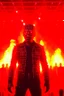 Placeholder: 4K realistic, Terminator crowd at a rammstein concert, Till Lindemans back on stage, back, arms spread and on fire, flames everywhere.