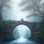 Placeholder: fantasy art, book illustration, dragon on stairs of a bridge to old mill ,icy water,seen through the tree tops, icy frame