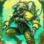 Placeholder: 90's retro scifi art of a steampunk diver with big armor