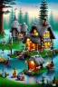 Placeholder: lego cottage in the forest with lake boy girl