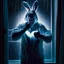 Placeholder: digital hyperreal rendering of a disheveled soaking wet man in ill-fitting wet floppy eared full easter bunny onesie costume looking in window at night making the heart hands gesture, Dramatic, heavy rain, complex contrast, dynamic composition, humorous and sinister