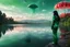 Placeholder: Photorealistic Photo Of A long black-haired woman in a green robot suit, Looking Out Over A Lake With jellyfish with red Tentacles, Tall Narrow Cloud Trees In The distance with an alien sky