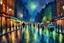 Placeholder: oil paint, people walking at night on a raining street, umbrellas, city night lights, colours, trees without leaves, moon behind clouds, extra ordinary details