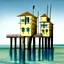 Placeholder: stone buildings on stilts upon a pier in the style of aldo rossi