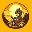 Placeholder: Monkey riding a scooter with sunglasses and a big smile, have a mountain sunset on the background, make a round logo, make the color brown