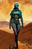 Placeholder: create a fine art print full body illustration of a rugged gritty, roughly textured Fremen female with highly detailed feminine facial features, traversing a a rocky outcrop amidst the desert sands of Arrakis, dusty, gritty, in the comic book art style of Bill Sienkiewicz, and Jean Giraud Moebius, finely textured, drawn, colored, and inked,