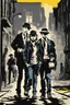 Placeholder: Design a detective book cover for teenagers. A teenage girl in the centre, one boy on her left, and one on her right are on the town street. Black cat. Banksy style, pop art style, mysterious atmosphere