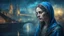 Placeholder: Old canvas, Portrait of a Medieval beautiful sad woman 25 years old, fantasy, night, fog, blue, city, bridge, water, sparkles, fine drawing, bright colors, high resolution, 3D, clear lines, photorealism,