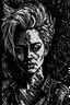 Placeholder: create an abstract, deeply powerful tragic and evocative, portrait woodcut of a raw and weathered gothpunk female with clean styleand deeply cut facial features, lost in a horrific post apocalyptic world, searing lines and forceful strokes