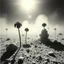 Placeholder: A striking quality Agfa photograph captures a wasteland with creepy odd flowers, details of the dust very accentuated, glossy organic mass, adorned with minerals and rocks. Bathed in intense light, eerie, Yves Tanguy style, black sun, fog