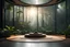 Placeholder: meditation rood podium , meditation minimalistic corner. design wood, View from large bay windows throughout from the large bay windows extends through the jungle forest. night landscape.