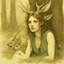 Placeholder: Sylvian nymph with jackalope horns in a wooded glade, By Jean Baptiste Monge, rough color pencil illustration, dark green and brown colors