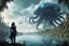 Placeholder: A woman with dark hair, in an android suit, looking out over a lake, in an alien forest, with tall cloud trees, flying Portuguese men of war with octopus tentacles