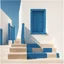 Placeholder: Minimalist abstract cyanotype photo of stairs outside a Greek house