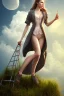 Placeholder: dressed woman on the ladder above clouds