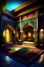 Placeholder: Arabic Islamic house with Arabic ornaments, bar light, creative,Arabic calligraphy, arabesques, highly detailed, hyper realistic, beautiful garden, colourful