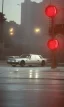 Placeholder: A 1990s car standing in front of a red traffic light, empty street, Cairo, 1990s, night time, rain, winter, movie scene Nick Harris style