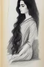 Placeholder: Pencil sketch of Young woman, Arab features,sad, long wavy hair, reading a book, full body، on lined paper