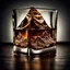 Placeholder: ice cube shaped like a mountain peak, inside glass with single measure of whisky, photorealistic, strong bokeh