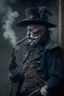 Placeholder: 70 years old victorian bloodborne soldier with a musket and smoking a cigarette