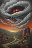 Placeholder: a painting of a (scary face swirling into existence from storm clouds) above a town, matte painting, brush strokes, bold lines, acrylic on canvas, oil painting, surreal, creepy, terrifying, highly detailed, high quality