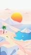 Placeholder: Minimalist art style, stylized minimalist painting of a pastel map, featuring a stylish sunset with a palm tree, vibrant pastel colors, flat glossy perspective, stylized white mountains, stylized bodies of water and stylized sea, simple geometric shapes, stylized clouds, vibrant and detailed color palette, soft ambient lighting, digital art style, detailed terrain features, simplified minimalistic architecture, flat vector-style design, displayed on a clean white background