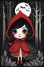 Placeholder: A dark and whimsical illustration of Little Red Riding Hood. She has large, captivating eyes with bright red irises and her face is framed by wavy black hair. She wears a bright red hooded cloak, under which bats are seen flying. The background is a haunting forest with tall, silhouetted trees, and a white moon casting its glow. Beyond the trees, there's a distant castle on a hilltop, with a river reflecting the moonlight flowing towards the viewer. The atmosphere is mysterious